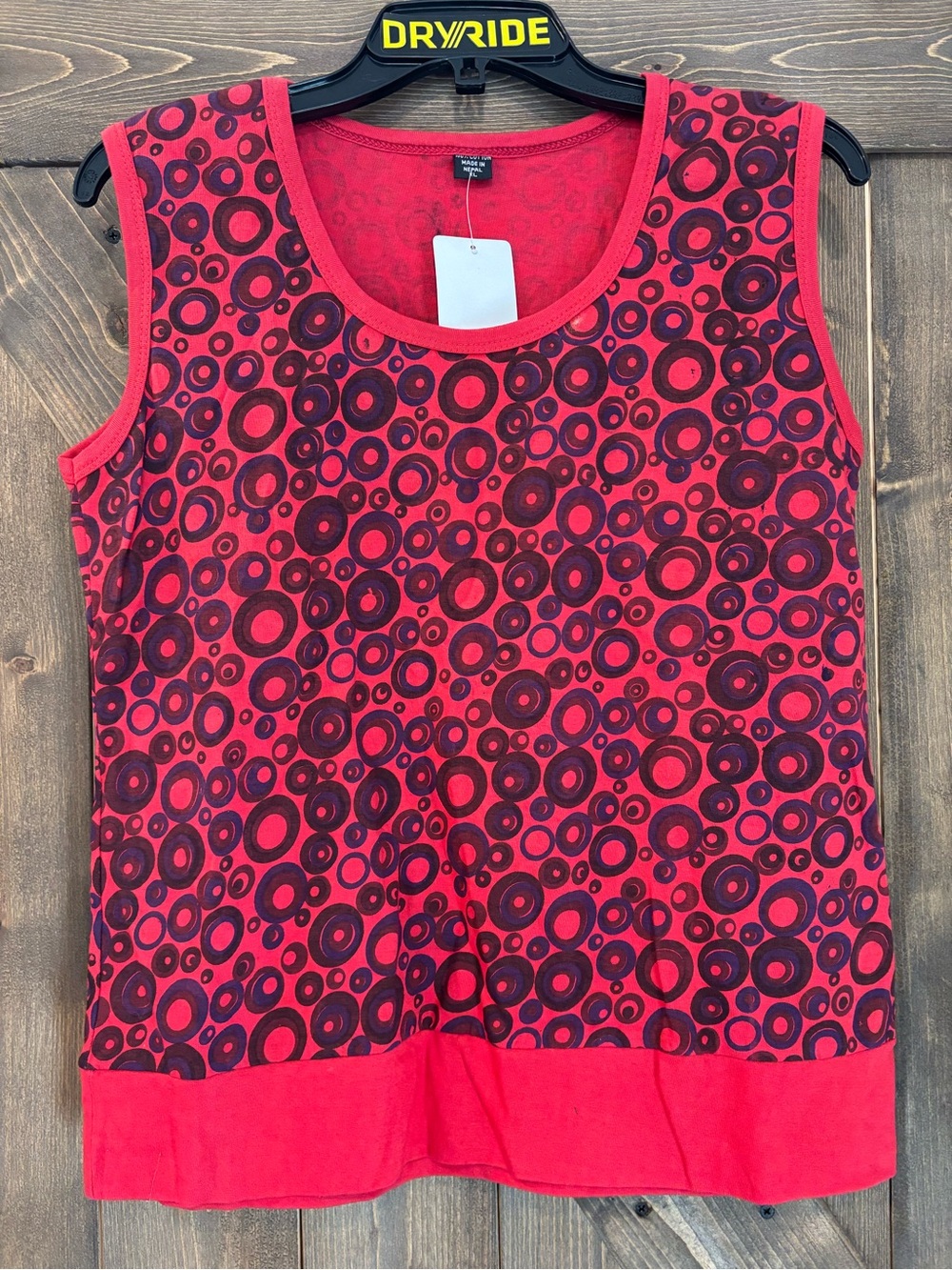 Red Geometric Circle Print Sleeveless Top Made in Nepal XL Boho